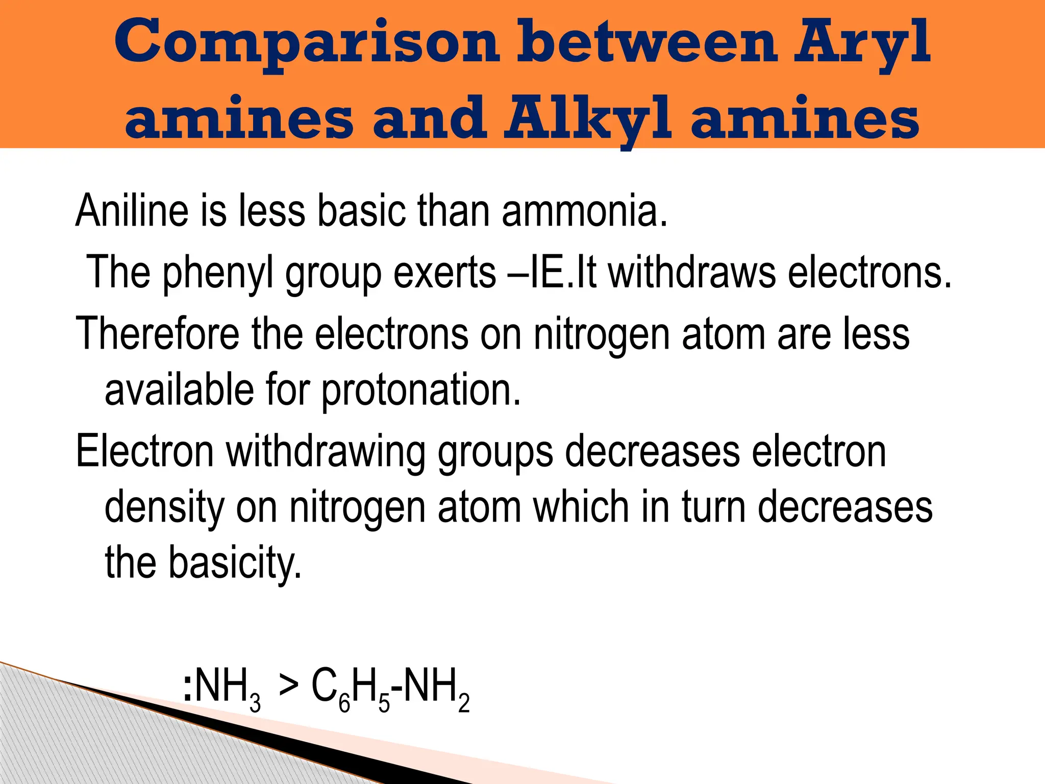 Aniline is less basic than ammonia.
The phenyl group exerts –IE.It withdraws electrons.
Therefore the electrons on nitrogen atom are less
available for protonation.
Electron withdrawing groups decreases electron
density on nitrogen atom which in turn decreases
the basicity.
:NH3 > C6H5-NH2
Comparison between Aryl
amines and Alkyl amines
 
