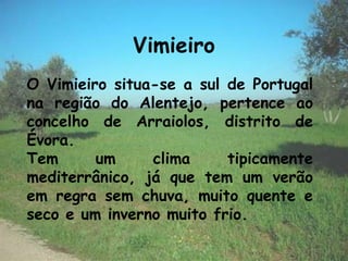 Vimieiro
O Vimieiro situa-se a sul de Portugal
na região do Alentejo, pertence ao
concelho de Arraiolos, distrito de
Évora.
Tem      um     clima     tipicamente
mediterrânico, já que tem um verão
em regra sem chuva, muito quente e
seco e um inverno muito frio.
 