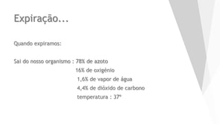 Expiração...
Quando expiramos:
Sai do nosso organismo : 78% de azoto
16% de oxigénio
1,6% de vapor de água
4,4% de dióxido de carbono
temperatura : 37º
29/01/2015
 