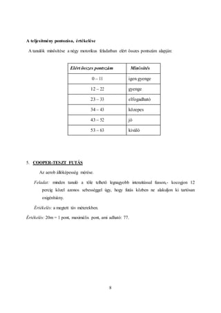 8
A teljesítmény pontozása, értékelése
A tanulók minősítése a négy motorikus feladatban elért összes pontszám alapján:
Elért összes pontszám Minősítés
0 – 11 igen gyenge
12 – 22 gyenge
23 – 33 elfogadható
34 – 43 közepes
43 – 52 jó
53 – 63 kiváló
5. COOPER-TESZT FUTÁS
Az aerob állóképesség mérése.
Feladat: minden tanuló a tőle telhető legnagyobb intenzitással fusson,- kocogjon 12
percig közel azonos sebességgel úgy, hogy futás közben ne alakuljon ki tartósan
oxigénhiány.
Értékelés: a megtett táv méterekben.
Értékelés: 20m = 1 pont, maximális pont, ami adható: 77.
 