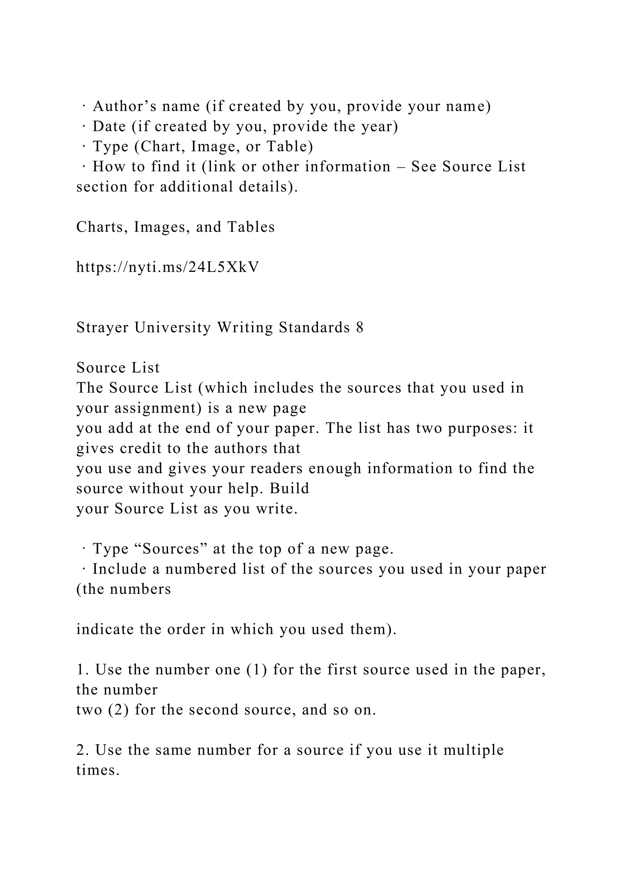 · Author’s name (if created by you, provide your name)
· Date (if created by you, provide the year)
· Type (Chart, Image, or Table)
· How to find it (link or other information – See Source List
section for additional details).
Charts, Images, and Tables
https://nyti.ms/24L5XkV
Strayer University Writing Standards 8
Source List
The Source List (which includes the sources that you used in
your assignment) is a new page
you add at the end of your paper. The list has two purposes: it
gives credit to the authors that
you use and gives your readers enough information to find the
source without your help. Build
your Source List as you write.
· Type “Sources” at the top of a new page.
· Include a numbered list of the sources you used in your paper
(the numbers
indicate the order in which you used them).
1. Use the number one (1) for the first source used in the paper,
the number
two (2) for the second source, and so on.
2. Use the same number for a source if you use it multiple
times.
 