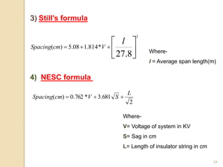 24
3) Still's formula




8.27
2
*814.108.5)(
l
VcmSpacing
Where-
l = Average span length(m)
4) NESC formula
2
681.3*762.0)(
L
SVcmSpacing 
Where-
V= Voltage of system in KV
S= Sag in cm
L= Length of insulator string in cm
 