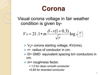 Corona
Visual corona voltage in fair weather
condition is given by-
 V0= corona starting voltage, KV(rms).
 r= radius of conductor in cm.
 D= GMD equivalent spacing b/n conductors in
cm.
 m= roughness factor.
= 1.0 for clean smooth conductor
=0.85 for stranded conductor
30





 
 r
D
n
r
r
mV log
)3.01(
1.210

 