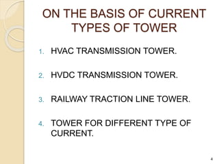ON THE BASIS OF CURRENT
TYPES OF TOWER
1. HVAC TRANSMISSION TOWER.
2. HVDC TRANSMISSION TOWER.
3. RAILWAY TRACTION LINE TOWER.
4. TOWER FOR DIFFERENT TYPE OF
CURRENT.
4
 
