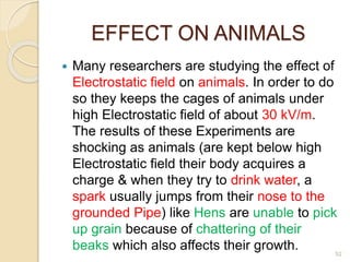 EFFECT ON ANIMALS
 Many researchers are studying the effect of
Electrostatic field on animals. In order to do
so they keeps the cages of animals under
high Electrostatic field of about 30 kV/m.
The results of these Experiments are
shocking as animals (are kept below high
Electrostatic field their body acquires a
charge & when they try to drink water, a
spark usually jumps from their nose to the
grounded Pipe) like Hens are unable to pick
up grain because of chattering of their
beaks which also affects their growth. 52
 