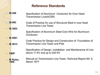 Reference Standards
55
 IS-398
 IS-802
 IS 3853
 IS 4091
 IS 5613
 CBIP
 IE Rules,
1956
Specification of Aluminium Conductor for Over Head
Transmission Line(ACSR)
Code of Practice for use of Structural Steel in over head
Transmission Line Tower
Specification of Aluminium Steel Core Wire for Aluminium
Conductor
Code Practice for Design and Construction of Foundation of
Transmission Line Tower and Pole
Specification of Design, Installation and Maintenance of Line
above 11 KV and up to 220 KV
Manual on Transmission Line Tower, Technical Report N0. 9,
March 1977
 