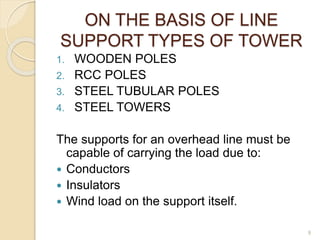 ON THE BASIS OF LINE
SUPPORT TYPES OF TOWER
1. WOODEN POLES
2. RCC POLES
3. STEEL TUBULAR POLES
4. STEEL TOWERS
The supports for an overhead line must be
capable of carrying the load due to:
 Conductors
 Insulators
 Wind load on the support itself.
9
 