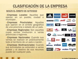 Lic. Ovidio E. Montenegro H.
SEGÚN EL ÁMBITO DE ACTIVIDAD
Empresas Locales: Aquellas que
operan en un pueblo, ciudad o
municipio .
Empresas Provinciales: Aquellas
que operan en el ámbito geográfico
de una provincia o estado de un país.
Empresas Regionales: Son aquellas
cuyas ventas involucran a varias
provincias o regiones.
Empresas Nacionales: Cuando sus
ventas se realizan en prácticamente
todo el territorio de un país o nación .
Empresas Multinacionales: Cuando
sus actividades se extienden a varios
países y el destino de sus recursos
puede ser cualquier país.
CLASIFICACIÓN DE LA EMPRESA
 