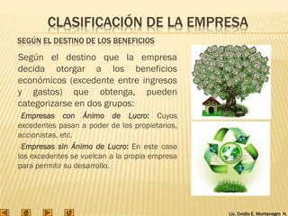 Lic. Ovidio E. Montenegro H.
SEGÚN EL DESTINO DE LOS BENEFICIOS
Según el destino que la empresa
decida otorgar a los beneficios
económicos (excedente entre ingresos
y gastos) que obtenga, pueden
categorizarse en dos grupos:
–Empresas con Ánimo de Lucro: Cuyos
excedentes pasan a poder de los propietarios,
accionistas, etc.
–Empresas sin Ánimo de Lucro: En este caso
los excedentes se vuelcan a la propia empresa
para permitir su desarrollo.
CLASIFICACIÓN DE LA EMPRESA
 