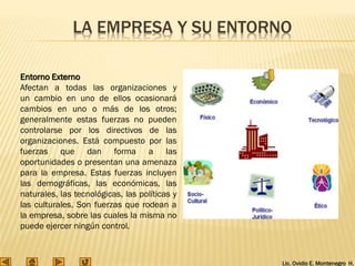 Lic. Ovidio E. Montenegro H.
LA EMPRESA Y SU ENTORNO
Entorno Externo
Afectan a todas las organizaciones y
un cambio en uno de ellos ocasionará
cambios en uno o más de los otros;
generalmente estas fuerzas no pueden
controlarse por los directivos de las
organizaciones. Está compuesto por las
fuerzas que dan forma a las
oportunidades o presentan una amenaza
para la empresa. Estas fuerzas incluyen
las demográficas, las económicas, las
naturales, las tecnológicas, las políticas y
las culturales. Son fuerzas que rodean a
la empresa, sobre las cuales la misma no
puede ejercer ningún control.
 