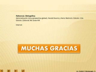 Lic. Ovidio E. Montenegro H.
Referencia Bibliográfica
Administración (Una perspectiva global), Harold Koontz y Heinz Weihrich, Edición: 12a
Edición, Editorial: Mc Graw Hill
Internet
 