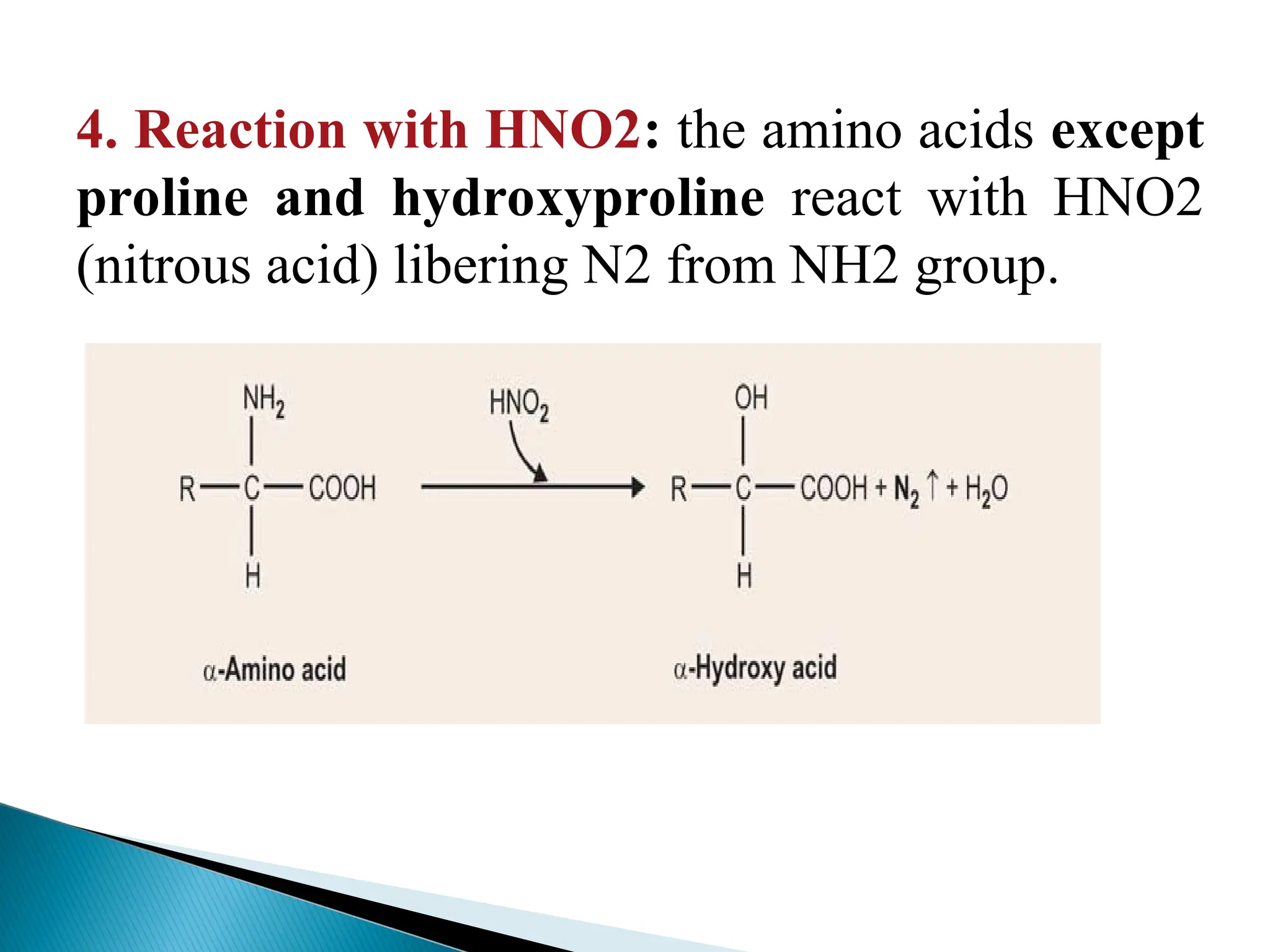 4. Reaction with HNO2: the amino acids except
proline and hydroxyproline react with HNO2
(nitrous acid) libering N2 from NH2 group.
 