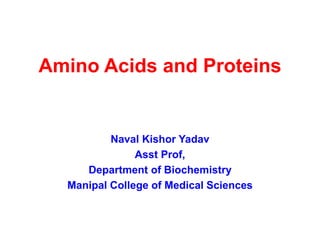 Amino Acids and Proteins
Naval Kishor Yadav
Asst Prof,
Department of Biochemistry
Manipal College of Medical Sciences
 