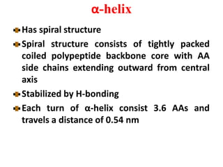 α-helix
Has spiral structure
Spiral structure consists of tightly packed
coiled polypeptide backbone core with AA
side chains extending outward from central
axis
Stabilized by H-bonding
Each turn of α-helix consist 3.6 AAs and
travels a distance of 0.54 nm
 
