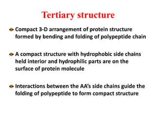 Tertiary structure
Compact 3-D arrangement of protein structure
formed by bending and folding of polypeptide chain
A compact structure with hydrophobic side chains
held interior and hydrophilic parts are on the
surface of protein molecule
Interactions between the AA’s side chains guide the
folding of polypeptide to form compact structure
 