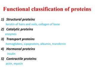 Functional classification of proteins
1) Structural proteins
keratin of hairs and nails, collagen of bone
2) Catalytic proteins
enzymes
3) Transport proteins
hemoglobins, Lipoprotein, albumin, transferrin
4) Hormonal proteins
insulin
5) Contractile proteins
actin, myosin
 