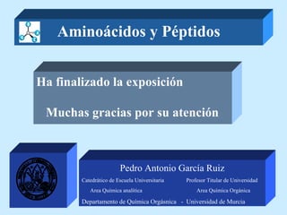 Pedro Antonio García Ruiz Catedrático de Escuela Universitaria  Profesor Titular de Universidad Area Química analítica  Area Química Orgánica Departamento de Química Orgásnica  -  Universidad de Murcia Ha finalizado la exposición  Muchas gracias por su atención   Aminoácidos y Péptidos 