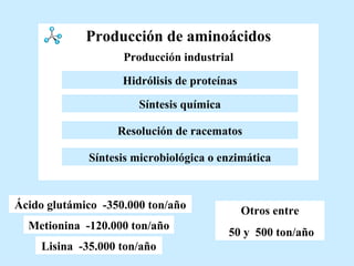 Producción de aminoácidos Resolución de racematos Hidrólisis de proteínas Síntesis química Metionina  -120.000 ton/año Lisina  -35.000 ton/año Producción industrial   Otros entre 50 y  500 ton/año Ácido glutámico  -350.000 ton/año Síntesis microbiológica o enzimática 