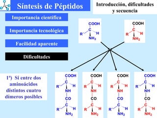 Importancia científica Importancia tecnológica Facilidad aparente Dificultades 1ª)  Si entre dos aminoácidos distintos cuatro dímeros posibles Síntesis de Péptidos Introducción, dificultades y secuencia 