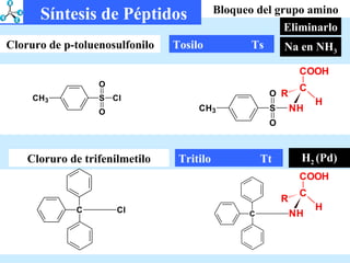 Tosilo    Ts Na en NH 3 Bloqueo del grupo amino Cloruro de p-toluenosulfonilo Síntesis de Péptidos Eliminarlo Tritilo    Tt H 2  (Pd) Cloruro de trifenilmetilo 
