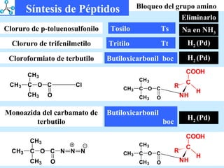 Bloqueo del grupo amino Tosilo    Ts Na en NH 3 Cloruro de p-toluenosulfonilo Tritilo    Tt H 2  (Pd) Cloruro de trifenilmetilo Butiloxicarbonil  boc H 2  (Pd) Cloroformiato de terbutilo Eliminarlo Butiloxicarbonil    boc H 2  (Pd) Monoazida del carbamato de terbutilo Síntesis de Péptidos 