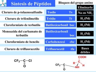 Tosilo    Ts Na en NH 3 Bloqueo del grupo amino Cloruro de p-toluenosulfonilo Tritilo    Tt H 2  (Pd) Cloruro de trifenilmetilo Butiloxicarbonil  boc H 2  (Pd) Cloroformiato de terbutilo Butiloxicarbonil    boc H 2  (Pd) Monoazida del carbamato de terbutilo Carbobenzoxi  cbz H 2  (Pd) Cloroformiato de bencilo Trifluoracetil  tfa Bases débiles Cloruro de trifluoracetilo Eliminarlo Síntesis de Péptidos 