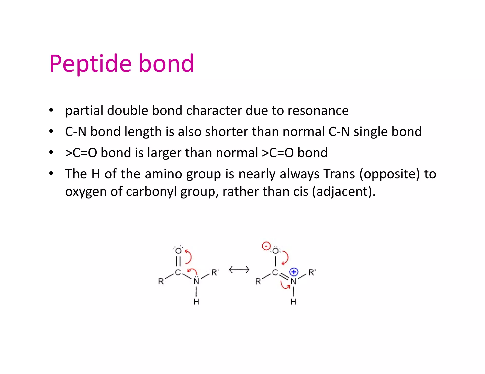 Peptide bond
• partial double bond character due to resonance
• C-N bond length is also shorter than normal C-N single bond
• >C=O bond is larger than normal >C=O bond
• The H of the amino group is nearly always Trans (opposite) to
oxygen of carbonyl group, rather than cis (adjacent).
oxygen of carbonyl group, rather than cis (adjacent).
 