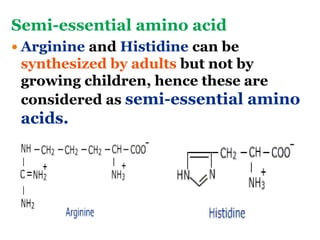 Semi-essential amino acid
 Arginine and Histidine can be
synthesized by adults but not by
growing children, hence these are
considered as semi-essential amino
acids.
 