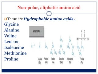 Non-polar, aliphatic amino acid
These are Hydrophobic amino acids .
Glycine
Alanine
Valine
Leucine
Isoleucine
Methionine
Proline
 