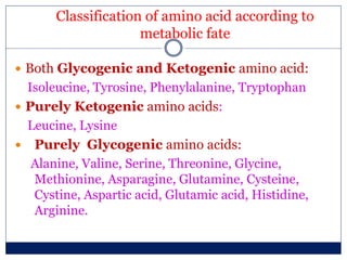 Classification of amino acid according to
metabolic fate
 Both Glycogenic and Ketogenic amino acid:
Isoleucine, Tyrosine, Phenylalanine, Tryptophan
 Purely Ketogenic amino acids:
Leucine, Lysine
 Purely Glycogenic amino acids:
Alanine, Valine, Serine, Threonine, Glycine,
Methionine, Asparagine, Glutamine, Cysteine,
Cystine, Aspartic acid, Glutamic acid, Histidine,
Arginine.
 