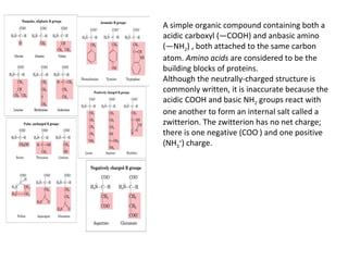 A simple organic compound containing both a
acidic carboxyl (—COOH) and anbasic amino
(—NH2) , both attached to the same carbon
atom. Amino acids are considered to be the
building blocks of proteins.
Although the neutrally-charged structure is
commonly written, it is inaccurate because the
acidic COOH and basic NH2 groups react with
one another to form an internal salt called a
zwitterion. The zwitterion has no net charge;
there is one negative (COO-
) and one positive
(NH3
+
) charge.
 