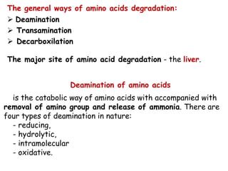 In humans there is mainly oxidative
deamination of amino acids.
Enzymes that catalyze this process are NAD+ and
NADP+-depe...