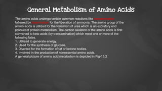 General Metabolism of Amino Acids
The amino acids undergo certain common reactions like transamination
followed by deamination for the liberation of ammonia. The amino group of the
amino acids is utilized for the formation of urea which is an excretory end
product of protein metabolism. The carbon skeleton of the amino acids is first
converted to keto acids (by transamination) which meet one or more of the
following fates.
1. Utilized to generate energy.
2. Used for the synthesis of glucose.
3. Diverted for the formation of fat or ketone bodies.
4. Involved in the production of nonessential amino acids.
A general picture of amino acid metabolism is depicted in Fig-15.2
 
