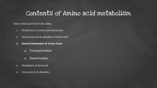 Here’s what you’ll find in this slides:
1. Introduction to amino acid and protien.
2. Amino acid pool & utilisation of Amino acid.
3. General Metabolism of Amino Acids
a) Transamination
b) Deamination
4. Metabolism of Ammonia
5. Urea cycle & it’s disorders.
Contents of Amino acid metabolism
 