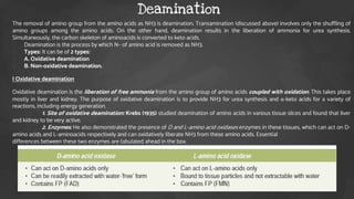 The removal of amino group from the amino acids as NH3 is deamination. Transamination (discussed above) involves only the shuffling of
amino groups among the amino acids. On the other hand, deamination results in the liberation of ammonia for urea synthesis.
Simultaneously, the carbon skeleton of aminoacids is converted to keto acids.
1. Deamination is the process by which N– of amino acid is removed as NH3.
2. Types: It can be of 2 types:
3. A. Oxidative deamination
4. B. Non-oxidative deamination.
I Oxidative deamination
Oxidative deamination is the liberation of free ammonia from the amino group of amino acids coupled with oxidation. This takes place
mostly in liver and kidney. The purpose of oxidative deamination is to provide NH3 for urea synthesis and α-keto acids for a variety of
reactions, including energy generation.
1. Site of oxidative deamination: Krebs (1935) studied deamination of amino acids in various tissue slices and found that liver
and kidney to be very active.
2. Enzymes: He also demonstrated the presence of D and L-amino acid oxidases enzymes in these tissues, which can act on D-
amino acids and L-aminoacids respectively and can oxidatively liberate NH3 from these amino acids. Essential
differences between these two enzymes are tabulated ahead in the box.
Deamination
 
