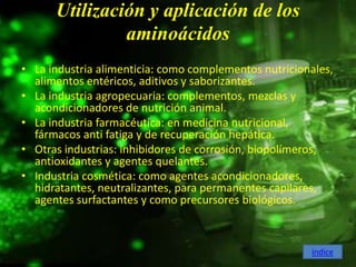 Utilización y aplicación de los
               aminoácidos
• La industria alimenticia: como complementos nutricionales,
  alimentos entéricos, aditivos y saborizantes.
• La industria agropecuaria: complementos, mezclas y
  acondicionadores de nutrición animal.
• La industria farmacéutica: en medicina nutricional,
  fármacos anti fatiga y de recuperación hepática.
• Otras industrias: inhibidores de corrosión, biopolímeros,
  antioxidantes y agentes quelantes.
• Industria cosmética: como agentes acondicionadores,
  hidratantes, neutralizantes, para permanentes capilares,
  agentes surfactantes y como precursores biológicos.



                                                       índice
 