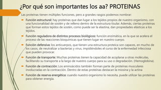 ¿Por qué son importantes los aa? PROTEINAS
Las proteínas tienen múltiples funciones, pero a grandes rasgos podemos nombrar:
 Función estructural: hay proteínas que dan lugar a los tejidos propios de nuestro organismo, con
una funcionalidad de sostén y de relleno dentro de la estructura tisular. Además, ciertas proteínas
que forman estos tejidos de sostén, como puede ser la elastina, dan propiedades elásticas a los
tejidos.
 Función reguladora de distintos procesos biológicos: función enzimática, en la que se acelera el
proceso de las reacciones bioquímicas que tienen lugar en nuestro cuerpo.
 Función defensiva: los anticuerpos, que tienen una estructura proteica son capaces, en mucho de
los casos, de neutralizar a bacterias y virus, impidiéndoles el curso de la enfermedad infecciosa
que pueden provocar.
 Función de transporte: Muchas proteínas tienen la capacidad de acoplarse a otras moléculas,
facilitando su transporte a la largo de nuestro cuerpo para su uso o degradación. (Hemoglobina).
 Función de contracción: Los aminoácidos también forman parte de proteínas musculares
involucradas en la contracción. Dentro de estas proteínas destacan la miosina y la actina
 Función de reserva energética: cuando nuestro organismo lo necesita, puede utilizar las proteínas
para obtener energía.
 