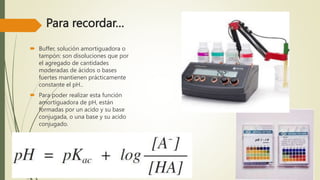 Para recordar…
 Buffer, solución amortiguadora o
tampón: son disoluciones que por
el agregado de cantidades
moderadas de ácidos o bases
fuertes mantienen prácticamente
constante el pH..
 Para poder realizar esta función
amortiguadora de pH, están
formadas por un acido y su base
conjugada, o una base y su acido
conjugado.
 