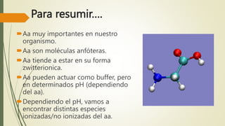 Para resumir….
Aa muy importantes en nuestro
organismo.
Aa son moléculas anfóteras.
Aa tiende a estar en su forma
zwitterionica.
Aa pueden actuar como buffer, pero
en determinados pH (dependiendo
del aa).
Dependiendo el pH, vamos a
encontrar distintas especies
ionizadas/no ionizadas del aa.
 