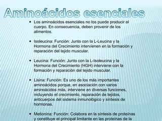  Los aminoácidos esenciales no los puede producir el 
cuerpo. En consecuencia, deben provenir de los 
alimentos. 
 Isoleucina: Función: Junto con la L-Leucina y la 
Hormona del Crecimiento intervienen en la formación y 
reparación del tejido muscular. 
 Leucina: Función: Junto con la L-Isoleucina y la 
Hormona del Crecimiento (HGH) interviene con la 
formación y reparación del tejido muscular. 
 Lisina: Función: Es uno de los más importantes 
aminoácidos porque, en asociación con varios 
aminoácidos más, interviene en diversas funciones, 
incluyendo el crecimiento, reparación de tejidos, 
anticuerpos del sistema inmunológico y síntesis de 
hormonas. 
 Metionina: Función: Colabora en la síntesis de proteínas 
y constituye el principal limitante en las proteínas de la 
 