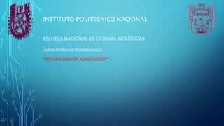 INSTITUTO POLITECNICO NACIONAL
ESCUELA NACIONAL DE CIENCIAS BIOLÓGICAS
LABORATORIO DE MICROBIOLOGÍA
“METABOLISMO DE AMINOÁCIDOS”
 