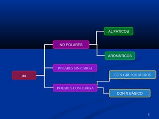 2
aa
NO POLARES
CON N BÁSICO
ALIFÁTICOS
AROMÁTICOS
POLARES SIN CARGA
CON GRUPOS ÁCIDOS
POLARES CON CARGA
 