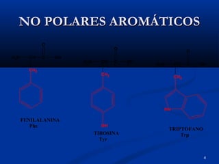 4
NO POLARES AROMÁTICOSNO POLARES AROMÁTICOS
H2N CH C
CH2
OH
O
H2N CH C
CH2
OH
O
OH
H2N CH C OH
O
FENILALANINA
Phe
TIROSINA
Tyr
TRIPTOFANO
Trp
CH2
HN
 