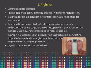 L-Arginina
• Aminoácido no esencial.
•

Tiene influencia en numerosos procesos y factores metabólicos.

• Estimulador de la liberación de somatotropinas u hormonas del
crecimiento.
• Los beneficios de un nivel más alto de somatotropina es la
reducción de  grasa corporal, mejor recuperación y sicatrización de
heridas y un mayor incremento de la masa muscular.
• La Arginina también es un precursor en la producción de Creatina,
importante fuente de energía durante actividades de  fuerza o con
requerimientos de gran potencia.
• Ayuda a la remoción del amoníaco.

 