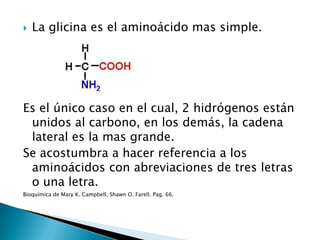    La glicina es el aminoácido mas simple.




Es el único caso en el cual, 2 hidrógenos están
 unidos al carbono, en los demás, la cadena
 lateral es la mas grande.
Se acostumbra a hacer referencia a los
 aminoácidos con abreviaciones de tres letras
 o una letra.
Bioquímica de Mary K. Campbell, Shawn O. Farell. Pag. 66.
 