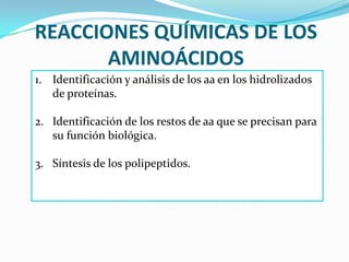 REACCIONES QUÍMICAS DE LOS
AMINOÁCIDOS
1. Identificación y análisis de los aa en los hidrolizados
de proteínas.
2. Identificación de los restos de aa que se precisan para
su función biológica.
3. Síntesis de los polipeptidos.
 