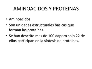 AMINOACIDOS Y PROTEINAS
• Aminoacidos
• Son unidades estructurales básicas que
  forman las proteínas.
• Se han descrito mas de 100 aapero solo 22 de
  ellos participan en la síntesis de proteínas.
 