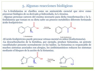 - La L-fenilalanina se clasifica como un aminoácido esencial que sirve como
precursor biológico de su derivado p-hidroxilado, la L-tirosina.
- Algunas personas carecen del enzima necesario para dicha transformación y la L-
fenilalanina que toman en su dieta sufre un proceso metabólico diferente formando
ácido fenilpirúvico:
-El ácido fenilpirúvico puede provocar retraso mental en niños (fenilcetonuria).
-La descarboxilación de la histidina, por ejemplo, produce histamina, un potente
vasodilatador presente normalmente en los tejidos. La histamina es responsable de
muchos síntomas asociados con alergias, los antihistamínicos reducen los síntomas
mediante el bloqueo de la acción de la histamina.
5. Algunas reacciones biológicas
L-fenilanlanina
NH2
O
OH
Enzimas
Ácido fenilpirúvico
O
O
OH
H2N
HN
N
NH2
HN
N
O
OH Enzimas
-CO2
Histidina Histamina
 