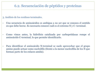 3. Análisis de los residuos terminales.
- Una secuencia de aminoácidos es ambigua a no ser que se conozca el sentido
en que debe leerse. Es necesario conocer cuál es el extremo N y C- terminal.
- Como vimos antes, la hidrólisis catalizada por carbopetidasas rompe el
aminoácido C-terminal, lo que permite identificarlo.
- Para identificar el aminoácido N-terminal se suele aprovechar que el grupo
amino puede actuar como nucleófilo (frente a la menor nucleofilia de los N que
forman parte de los enlaces amida).
6.2. Secuenciación de péptidos y proteínas
 