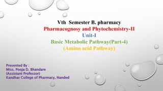 Vth Semester B. pharmacy
Pharmacognosy and Phytochemistry-II
Unit-I
Basic Metabolic Pathway(Part-4)
(Amino acid Pathway)
Presented By :
Miss. Pooja D. Bhandare
(Assistant Professor)
Kandhar College of Pharmacy, Nanded
 